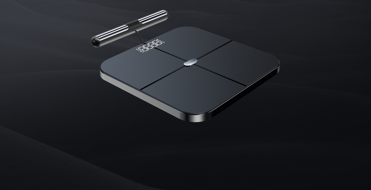 A digital smart body weighing scale with a sleek glass top and metallic edges, paired with a connected body composition analyzer wand. Text overlay reads "Why Hume's Body Pod technology stands out" and "High-level body composition accuracy at home," followed by a description noting it's trusted by 12,000+ health clinics and uses clinical-grade technology for accurate, consistent results.
